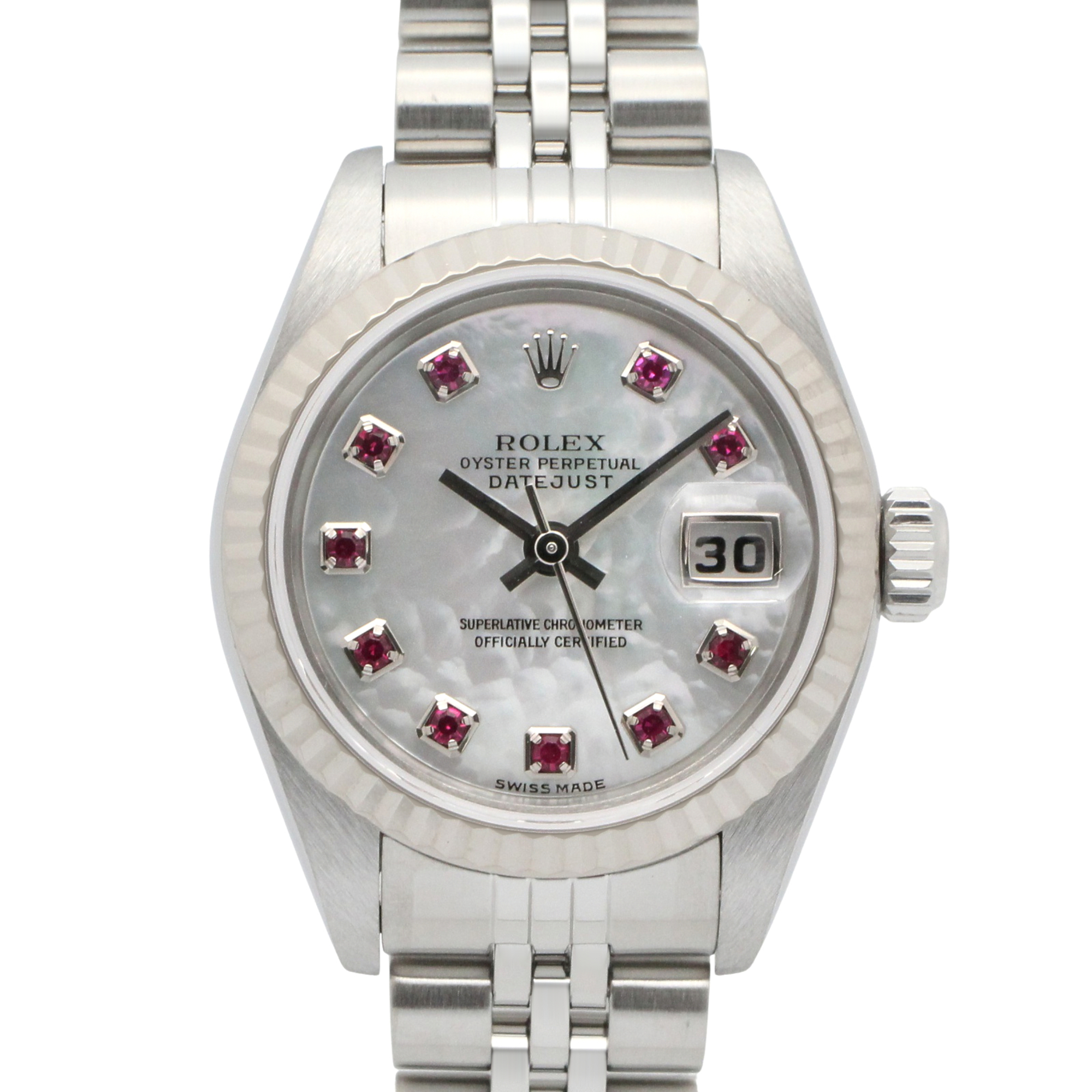 Rolex Datejust 10P Ruby F-serial Watch, 18K White Gold (WG), Stainless Steel, Ruby, Ladies\', White/White Mother-of-Pearl, 79174NGR