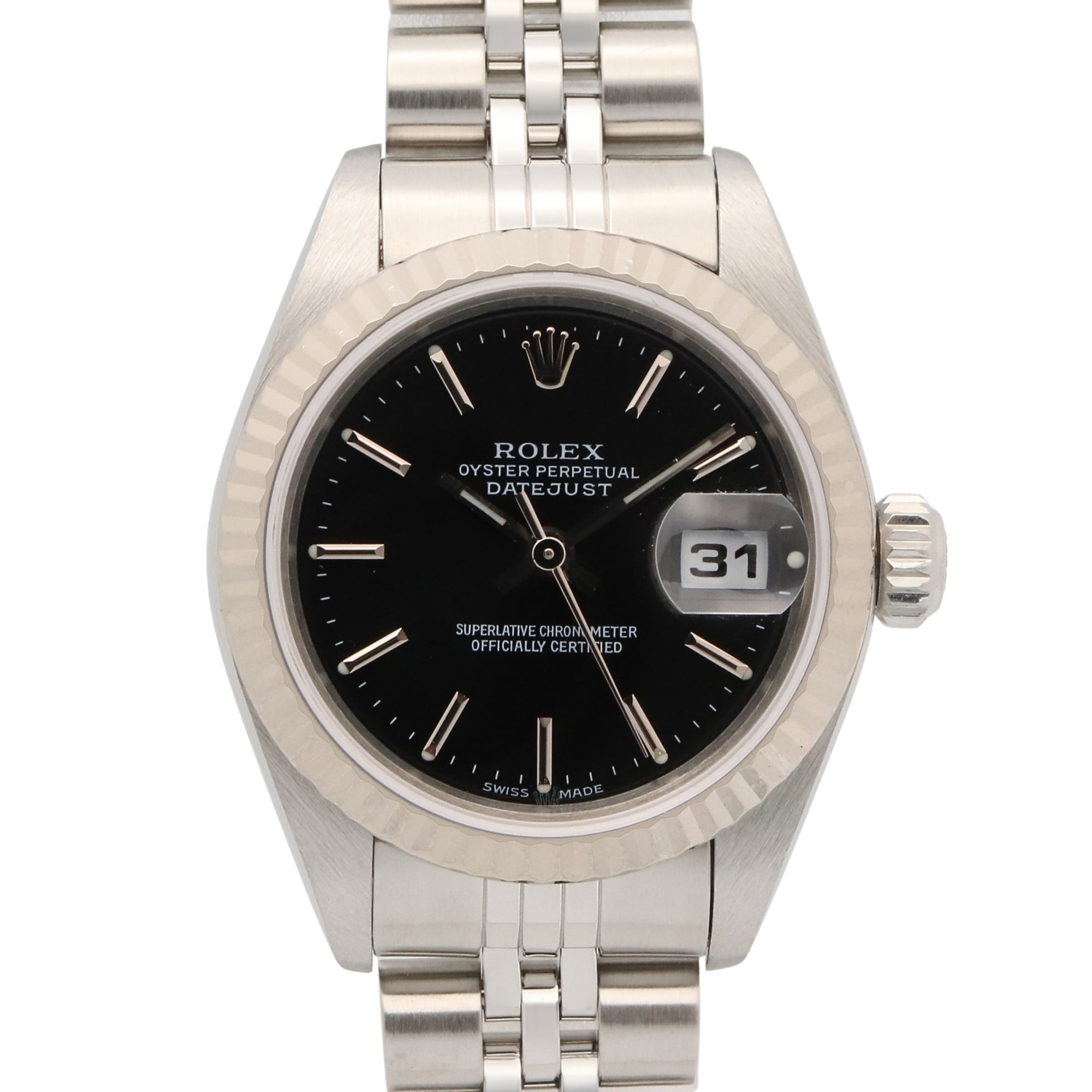 Rolex Datejust P-series watch, 18K white gold (WG) stainless steel, ladies\', black bar casing, 79174.