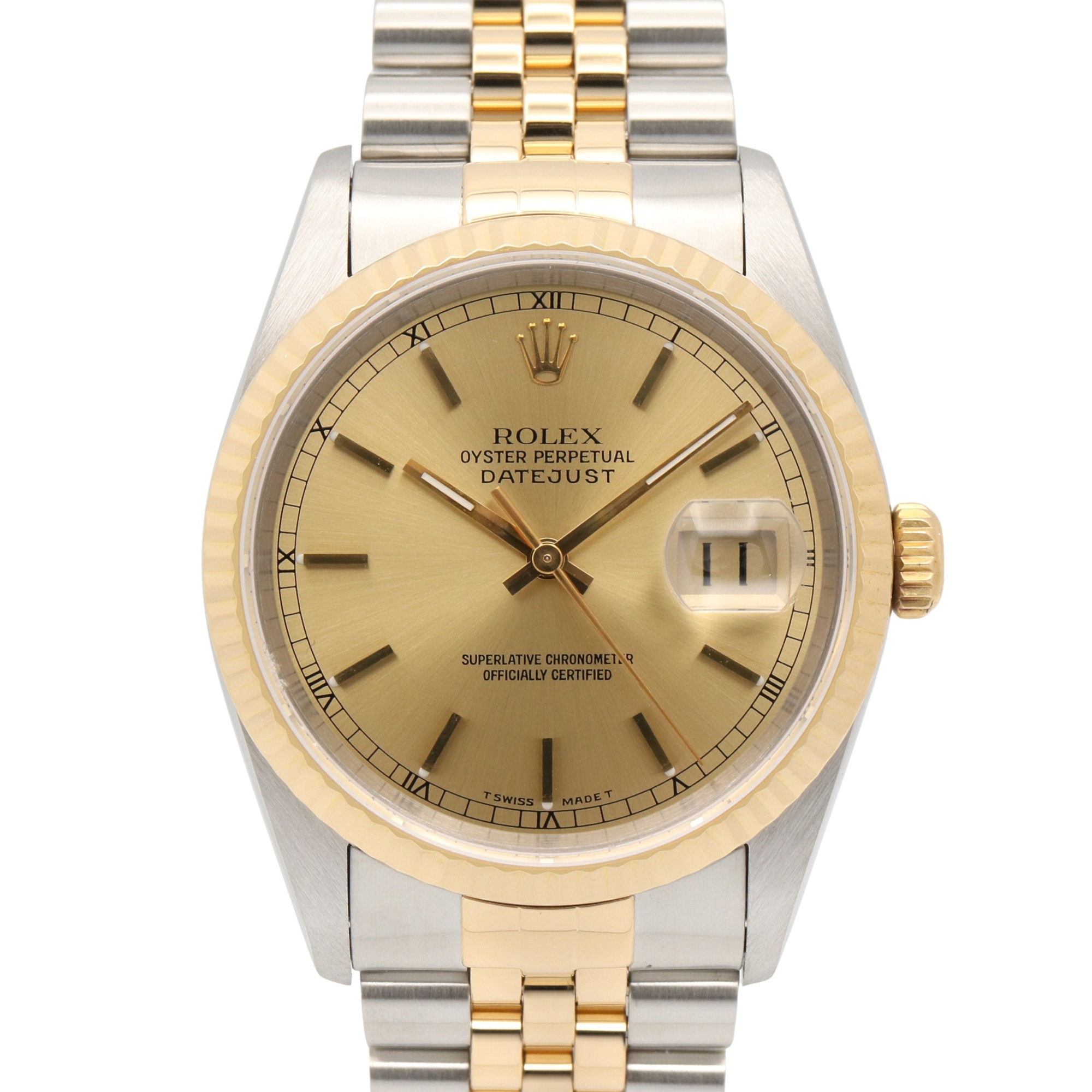 Rolex Datejust T-series wristwatch, 18K (yellow gold) stainless steel, men\'s, gold-tone, champagne bar color, 16233
