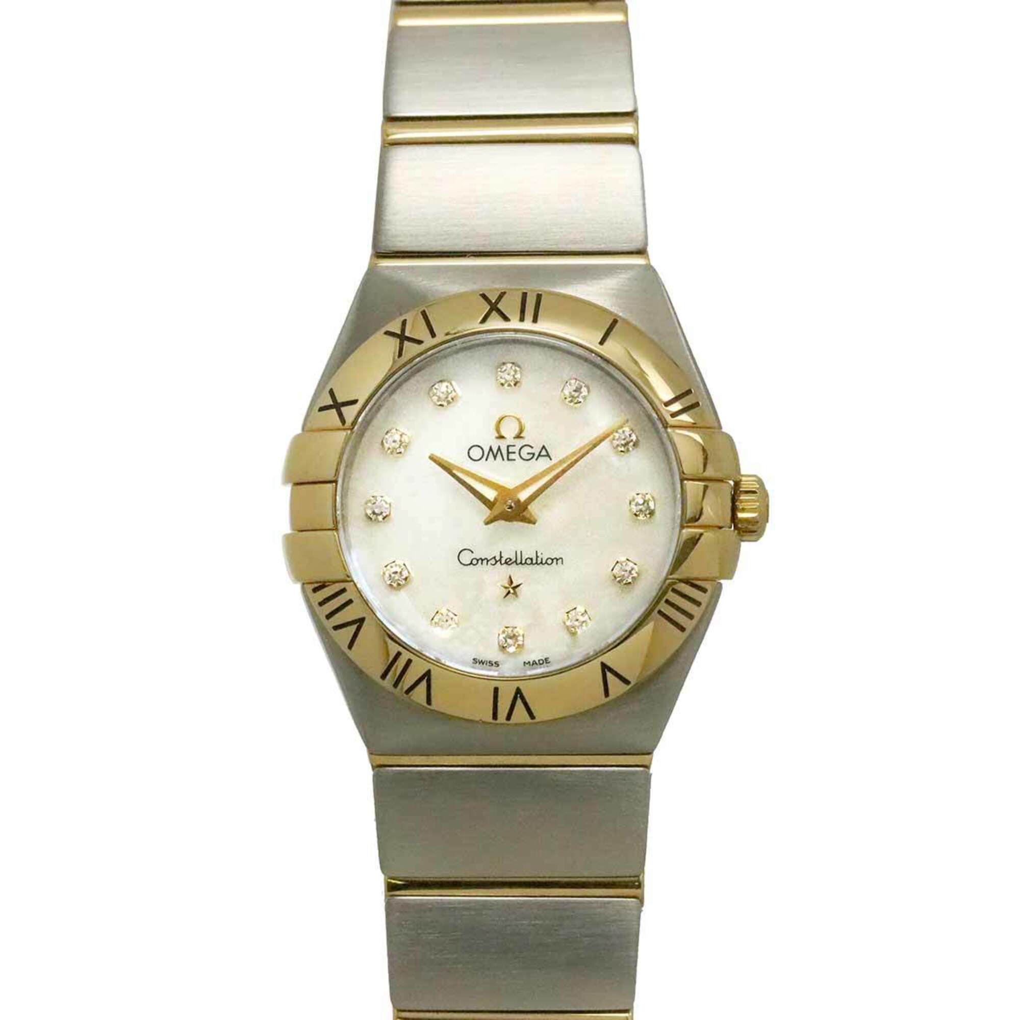 Omega Constellation Polished Two-Tone 123 20 24 60 55 002 Ladies\' Watch 12P Diamond White Mother-of-Pearl 18K Yellow Gold Quartz