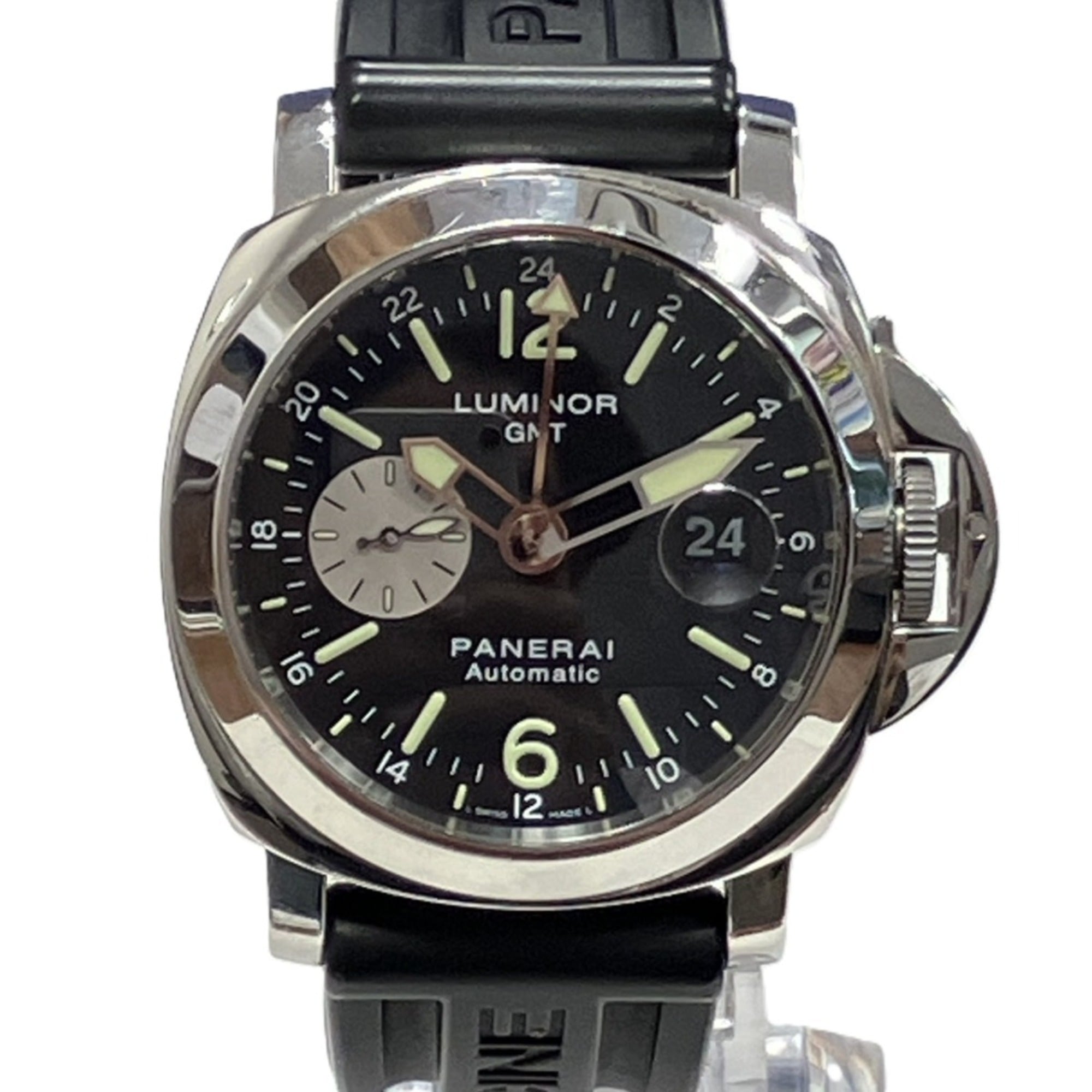 Panerai Luminor GMT Watch, Total Weight 169.0g, Stainless Steel, Rubber Strap, Automatic Movement, Black Dial, PAM00088