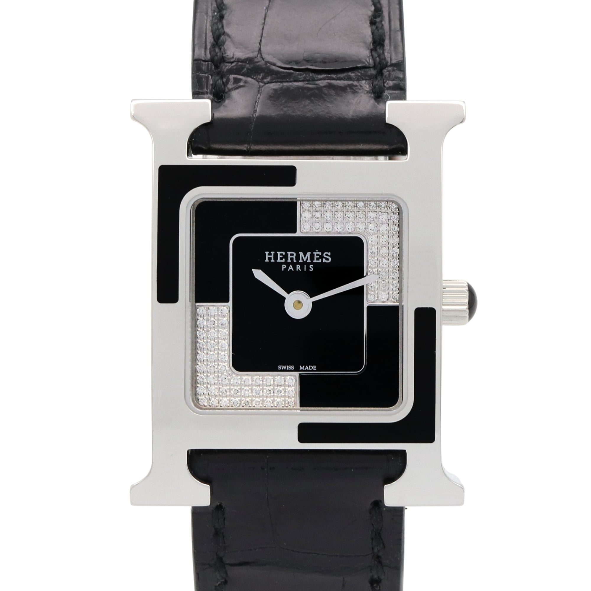 Hermes H-Watch O Carre Small Diamond Wristwatch, Stainless Steel, Diamond, Leather Strap, Ladies, Black/Silver, HH4.221