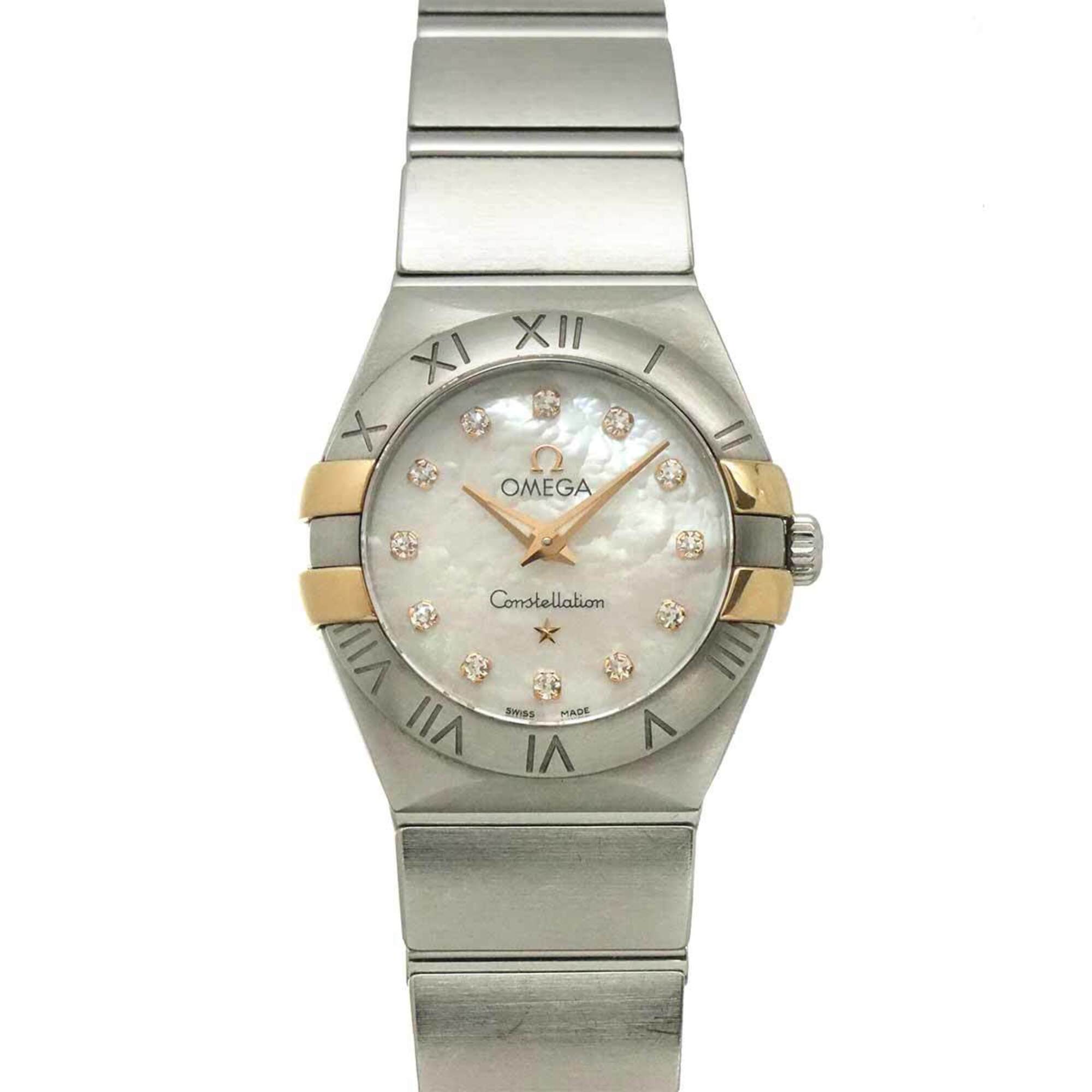 Omega Constellation Brushed Two-Tone 123 20 24 60 55 005 Women\'s Watch 12P Diamond White Shell YG Quartz