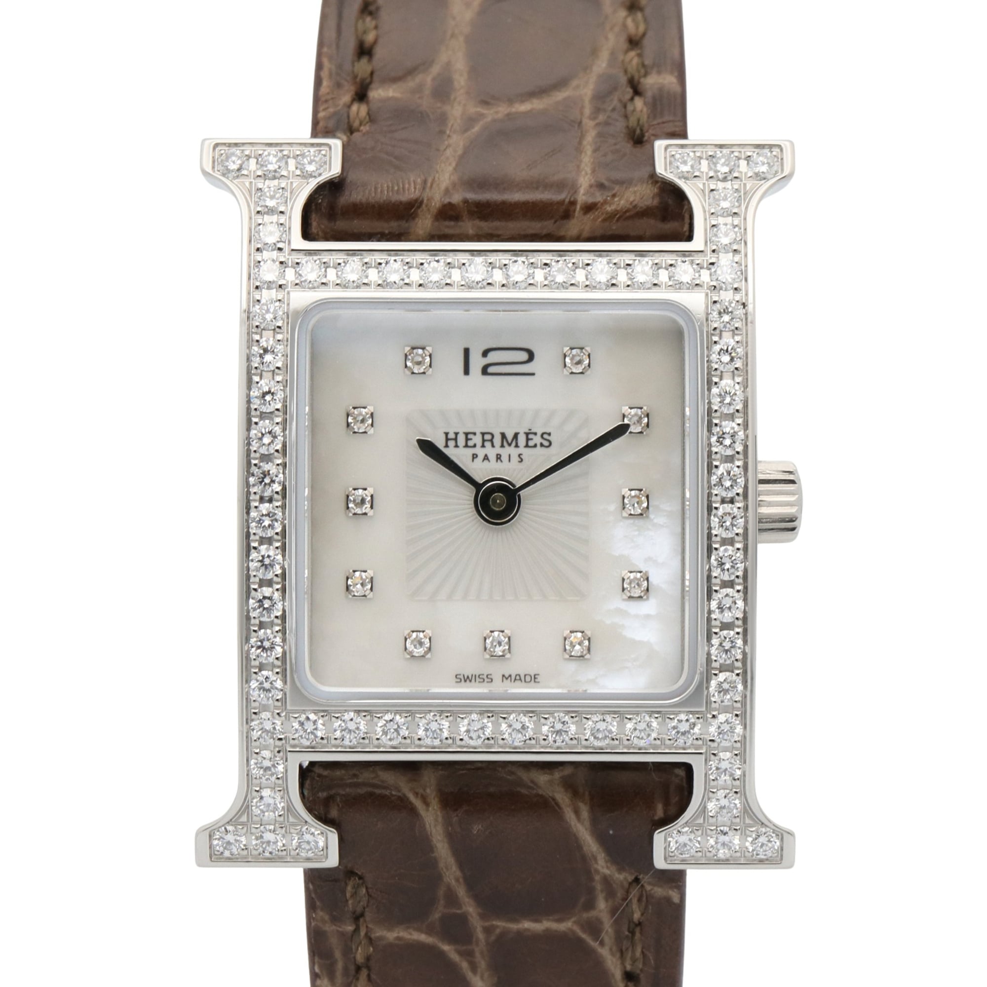 Hermes H-Watch, Women\'s Watch, Stainless Steel, Diamond, Leather Strap, White with Mother-of-Pearl (HH1.230)