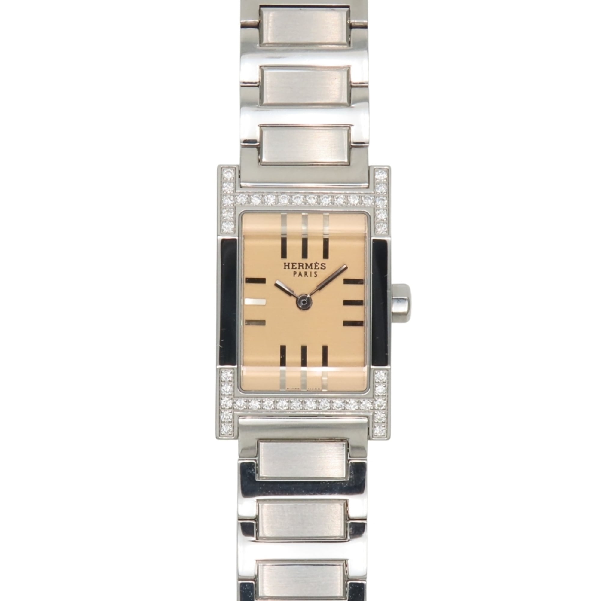 Hermes Tandem TA1.230 SS Watch with Diamonds, Silver Dial, Orange Diamond Bezel, Ladies\'