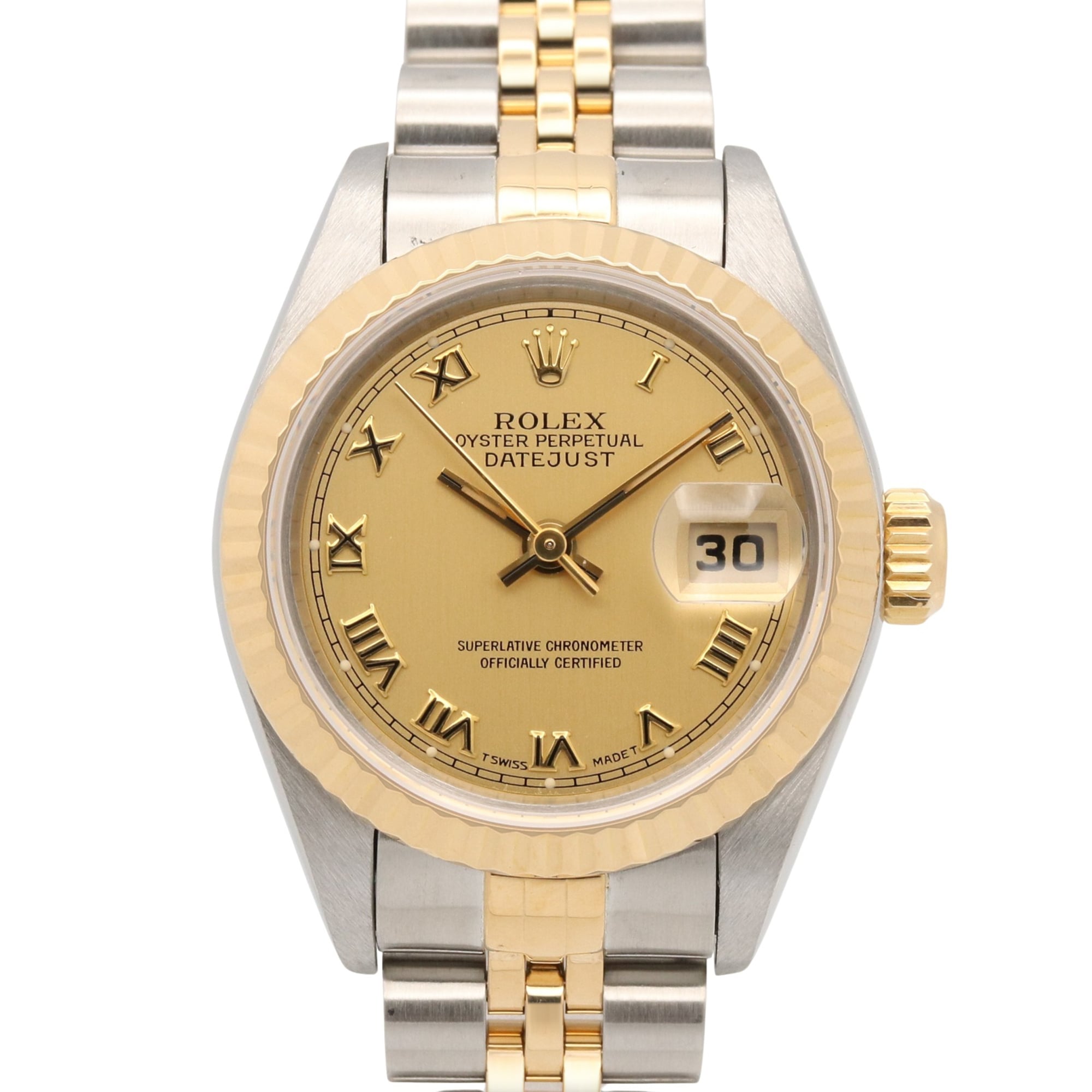 Rolex Datejust S-series watch, 18K (yellow gold) stainless steel, ladies\', gold-tone champagne color, Roman numerals, 69173