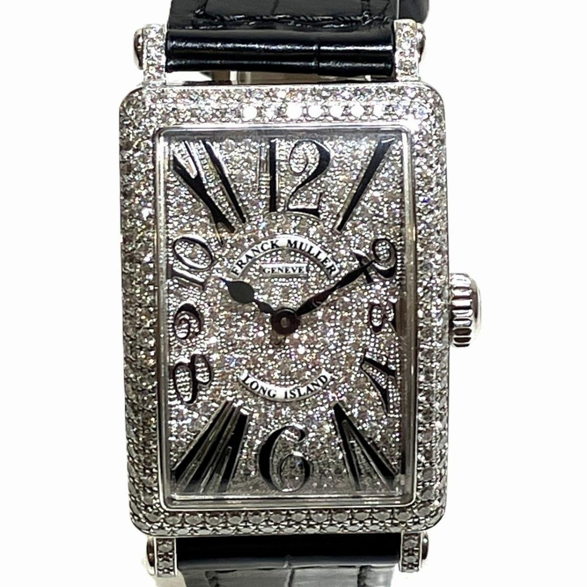 Franck Muller Long Island Ensemble Diamond Watch, Total Weight 45.1g, 18K Gold Leather Strap, Diamonds, Quartz Movement, Silver Dial, Model 902QZ, VR, D, CD