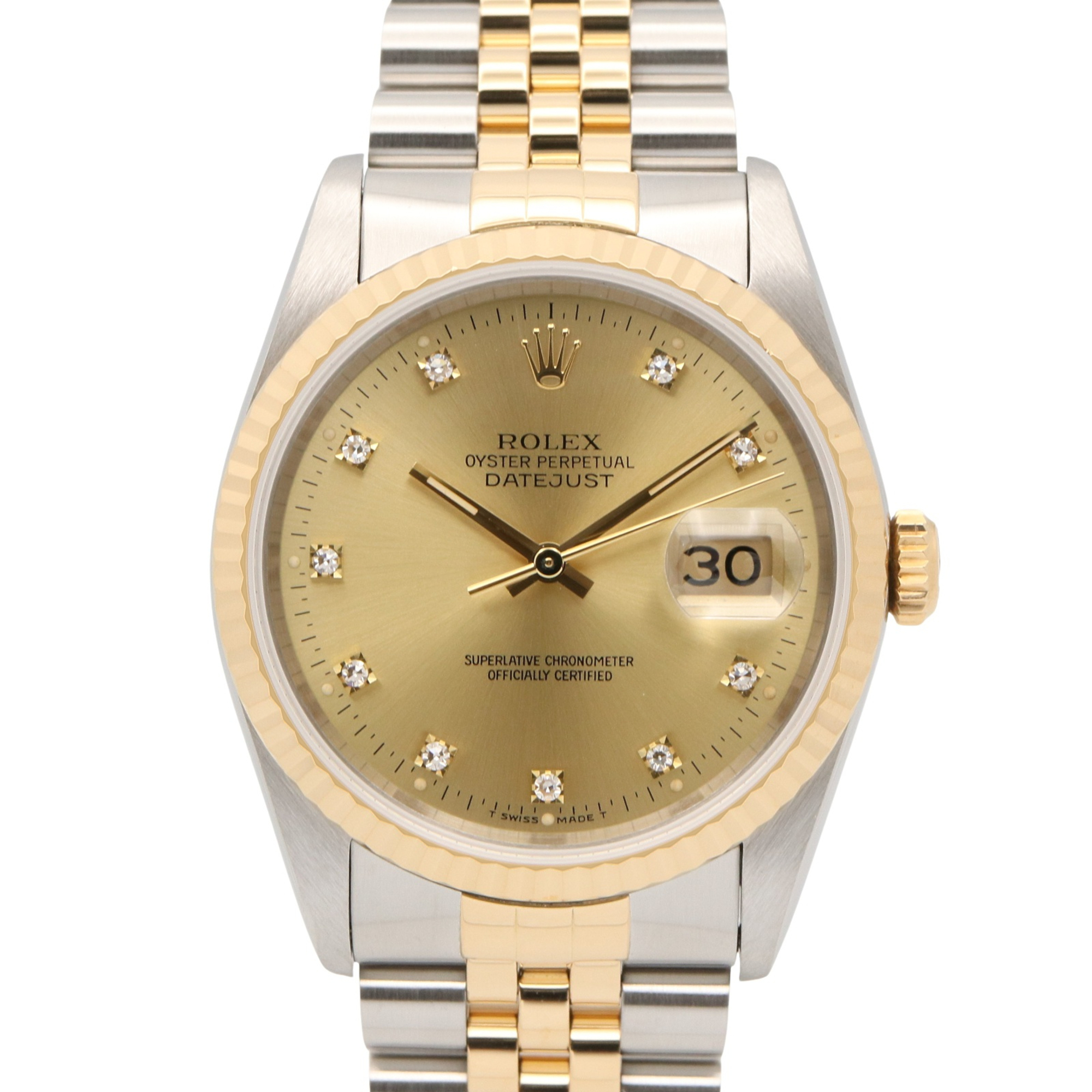 Rolex Datejust 10P Diamond Watch, R-serial number, 18K (Yellow Gold) Stainless Steel, Men\'s, Gold Tone, Champagne Color, Old Model, 16233G