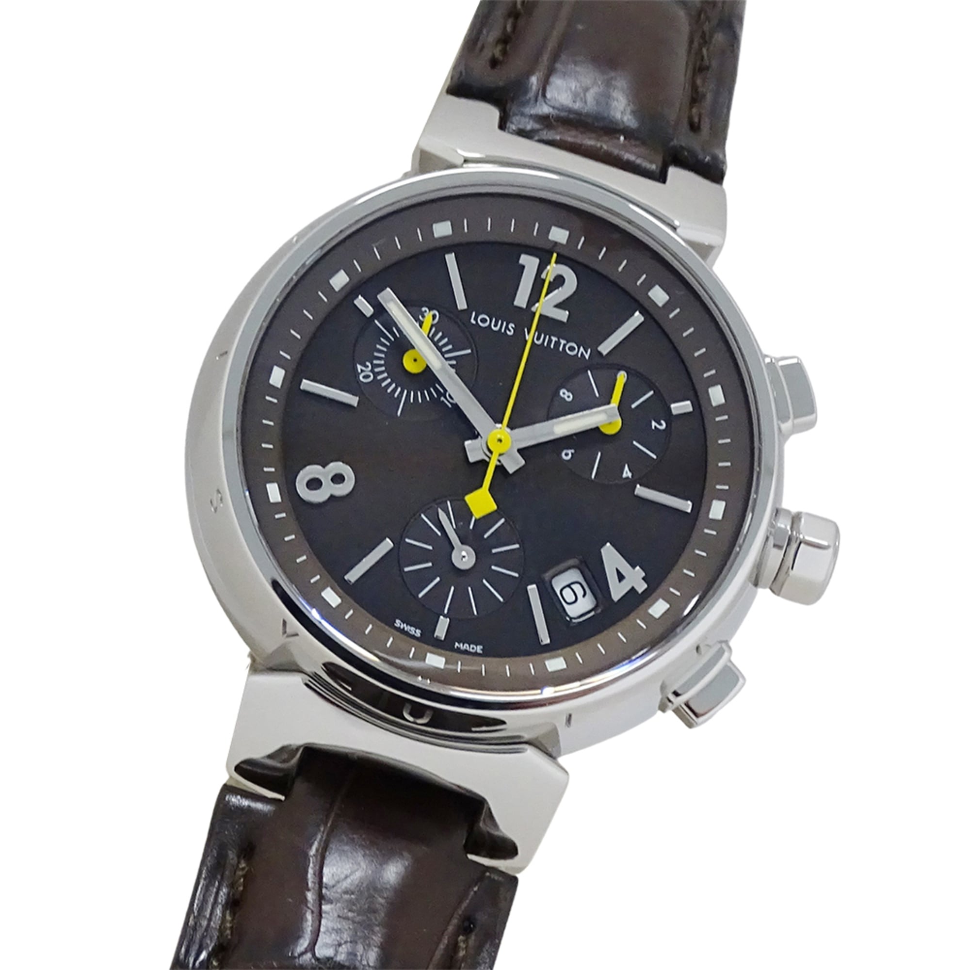 Louis Vuitton LOUIS VUITTON Boys\' Watch Tambour Chronograph Date Quartz QZ Stainless Steel SS Leather Q1321 Silver Brown