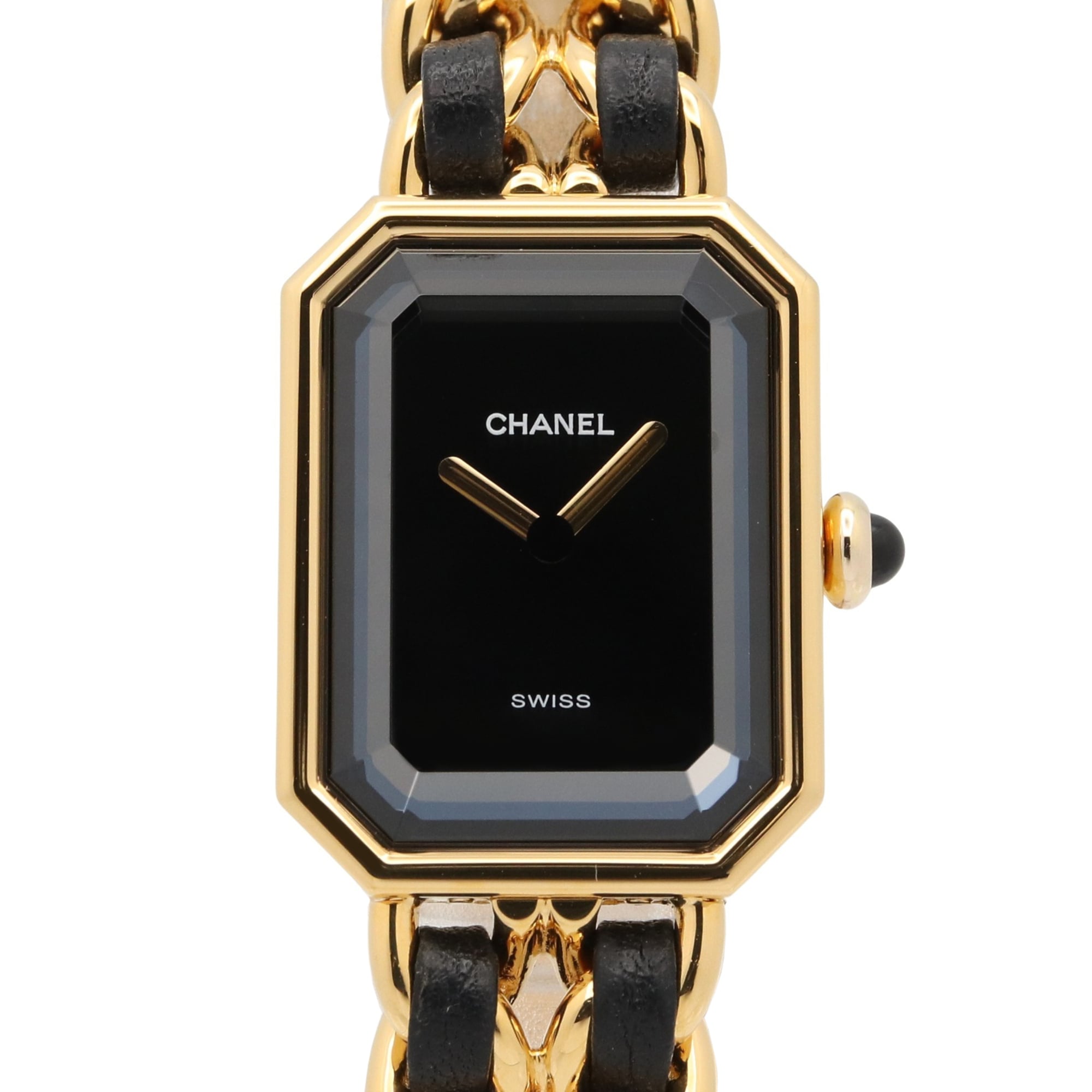 Chanel CHANEL Première L Watch, Gold Plated (GP), Leather Strap, Women\'s, Black, H0001
