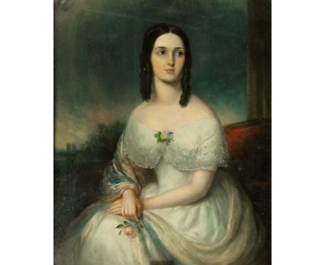 Moore
Oil on panel
Three-quarter length portrait of Eliza Beatty nee Moore, seated and holding a rose, 46cm x 34cm 