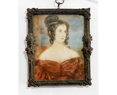 Unattributed
Miniature on ivory
Half-length portrait of 19th century lady wearing jewels in her hair and red gown, rectangula