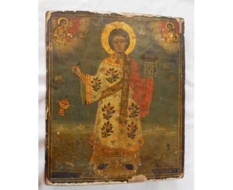 Russian icon
Oil on panel
Polychrome with gold leaf depicting St Stephen holding his attributes flanked by cyrillic script, i