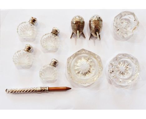 Silver propelling pencil, pair Eastern silver-coloured metal peperettes and various cut glass and other salts 