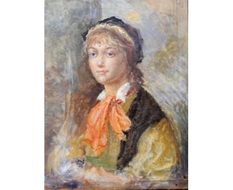Pair oils on canvas
Head and shoulders portrait of a woman, unframed, 60cm x 50cm and another, 61cm x 46cm 