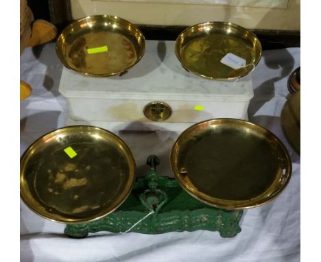 A green metal set of weighing scales and white marble set of weighing scales (2) 