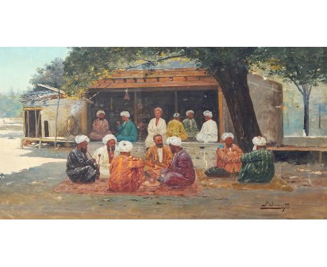 Richard Karlovich Zommer (1866-1939) 
Oil on canvas board
Central Asian scene with figures seated in foreground beneath tree,