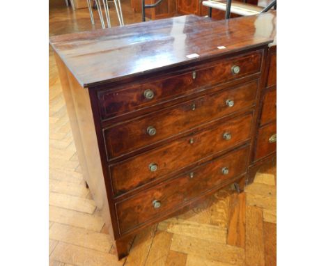 A mahogany small chest of drawers, with four graduating drawers with stringing, brass knob handles, on bracket feet, 71cm 