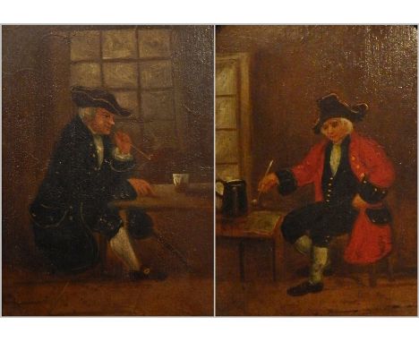 19th century school
Pair oils on panel 
Each featuring a man seated in tavern interior, 19cm x 13cm 