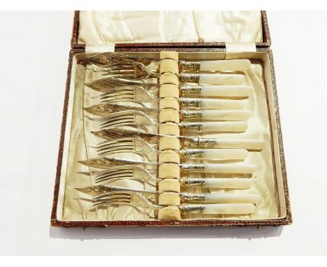 Set of silver plate fish knives and forks with mother of pearl handles, 6 person, in fitted box, pair of ebony glove stretche