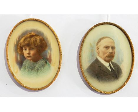 Early 20th century miniatures on ivory
Head and shoulders portrait of moustached gentleman wearing black tie, oval, 10cm x 7.