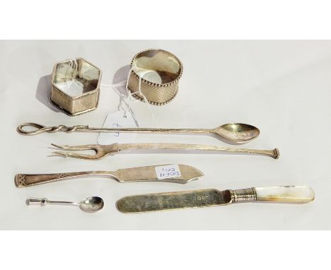 Two 20th century silver napkin rings, plate pickle fork butter knife, etc. 

















































