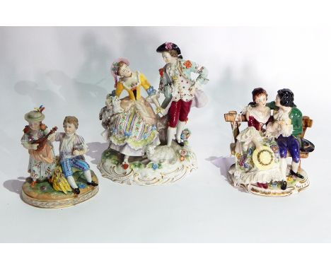 Dresden porcelain figure group of girl and boy, the girl playing mandolin, the boy seated on wheatsheaf with a sickle, on ova