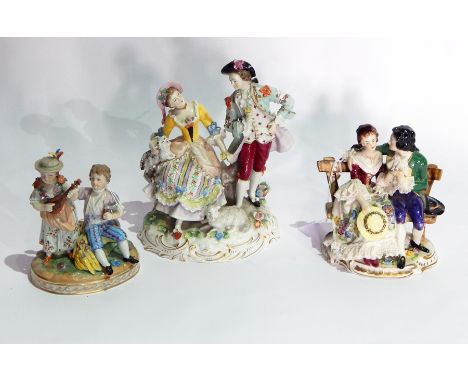 Dresden porcelain figure group of girl and boy, the girl playing mandolin, the boy seated on wheatsheaf with a sickle, on ova