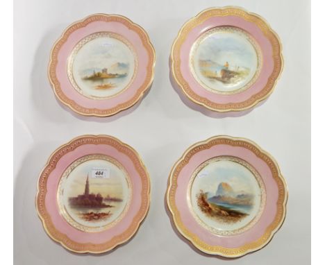 Set of four Victorian Davenport dessert plates, each scalloped, pink bordered and handpainted with river or lakeside landscap