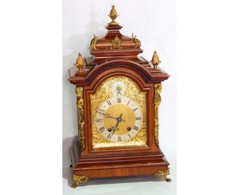19th century walnut ormolu-mounted bracket clock by R M Schneckenburger, the raised pediment with ormolu pineapple finials an