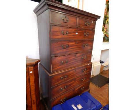 George III mahogany chest on chest with dentil cornice, three long and two short drawers to the top and three graduating draw
