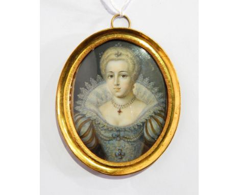 Unattributed
Miniature on ivory
Half-length portrait of Marie Eleonore von Brandenberg wearing pearls in her hair and around 