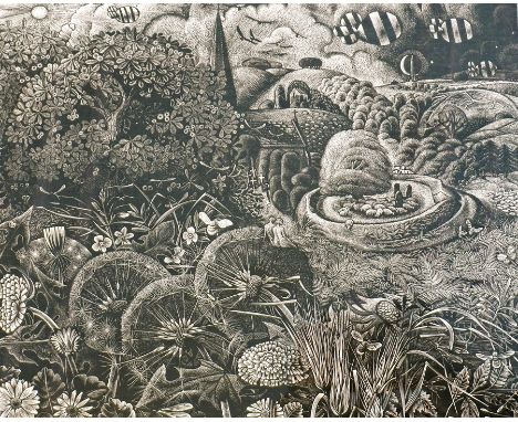 George Tute (b.1933) 
Wood engraving 
"Balloons, first number one st. - Landscape with bathers"", 18/75, 23cm x 28cm 