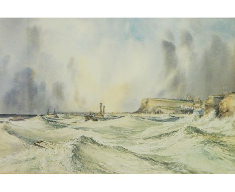 J Freeman
Watercolour
Off Whitby, seascape with Whitby Harbour in the foreground, signed and dated, 34 x 51cm, framed