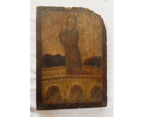 Russian double-sided icon
Oil on panel 
Polychrome saint with staff upon bridge, possibly St Barnabas or St Christopher, hing