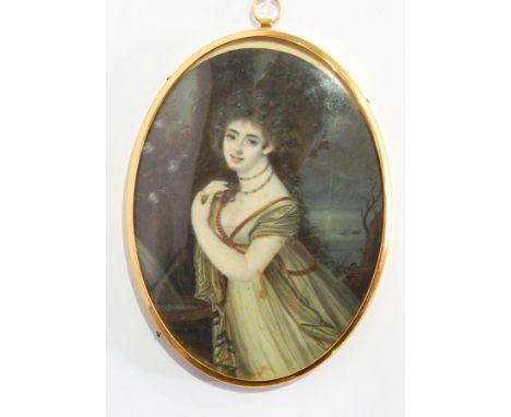 Unattributed
Miniature on ivory
Half-length portrait of Regency lady beside tree wearing necklace, Grecian style gown and sha