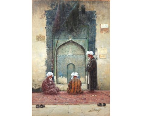 Richard Karlovich Zommer (1866-1939) 
Oil on canvas board 
Central Asian scene of figures of elderly men seated on a Persian 