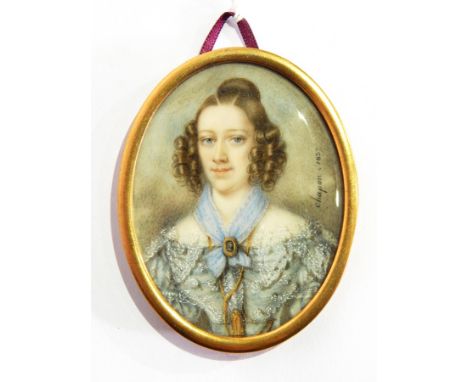 Hippolyte Chapon 
Miniature on ivory
Half-length portrait of Victorian lady wearing blue and white lace adorned dress, signed