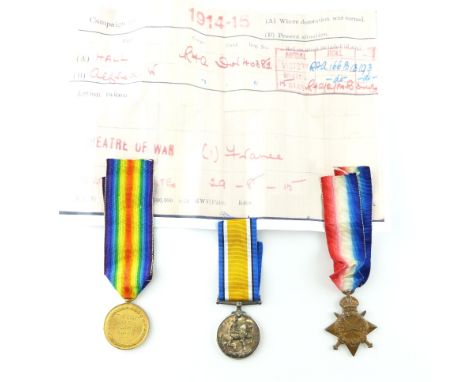 First World War medal trio awarded to DVR A W Hall R.A. 