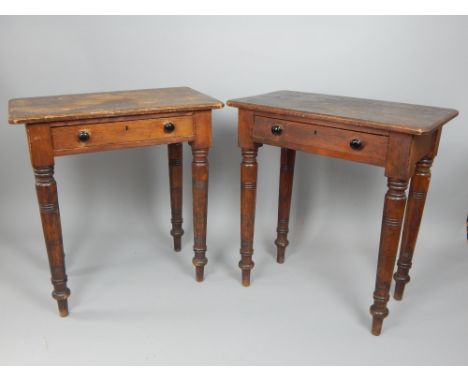 Pair of pitch pine side / clerk tables, c 1900, single drawer, ceramic handle, turned legs, 76.5cm w