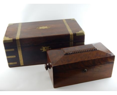 Victorian cut brass inlaid rosewood writing slope with leather lined interior and a Victorian mahogany sarcophagus tea caddy 