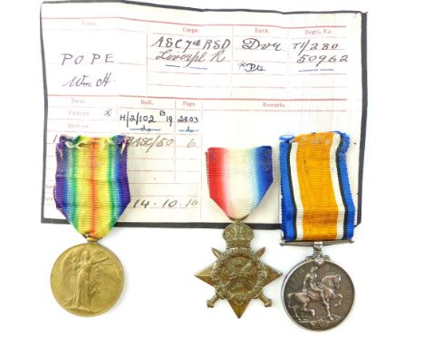 First World War medal trio including Mons Star awarded to PTE / DVR W. H. Pope A.S.C. 