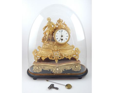 French gilded mantel clock under glass dome, study of an 18th C gentleman on floriate ground stamped PH. Mourey, next to a Ja