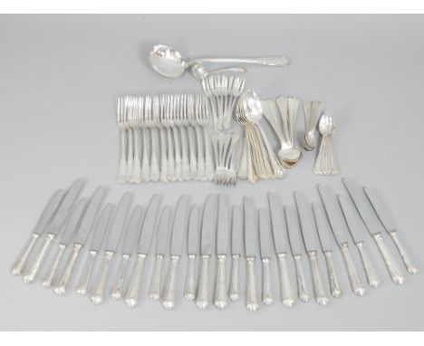 Antique French silver plated canteen of cutlery for twelve place settings, comprising dinner knives and forks, dessert knives