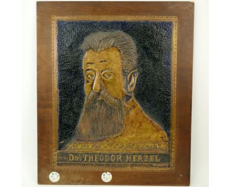 Philip Levitan (20th C) Judaica Hand Hammered Copper Portrait of Dr. Theodor Herzel/Herzl "If You Believe It Will Not Be A Dr