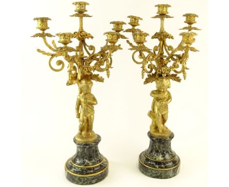 Early 20th Century Gilt Metal and Serpentine Marble Five Light Candelabra. Unsigned. Good condition. One arm broken has been 
