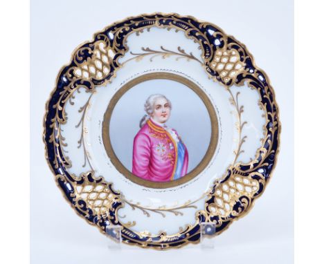 19/20th Century Sevres Style Portrait Plate. Painted with a bust-length portrait of a French Court Figure. Reticulated cobalt