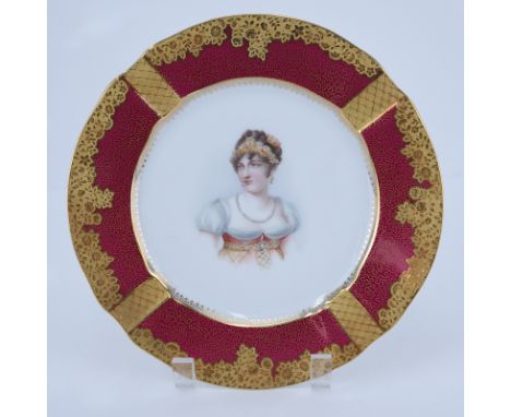 19/20th Century Sevres Portrait Plate. Painted with a bust-length portrait of Caroline Bonaparte. Gold decorated red border. 