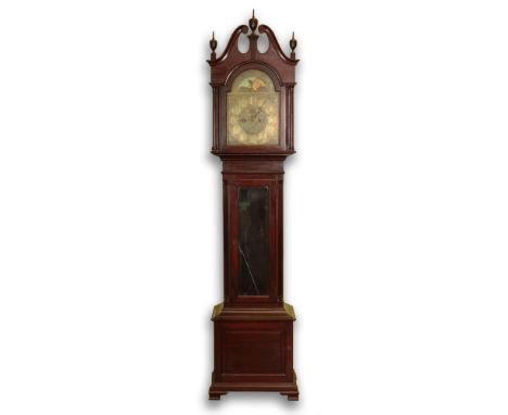 Antique German Grandfather Clock Retailed by Hershede. Mahogany Bonnet Top Case with Urn Finials and Pillar Sides. The Case w