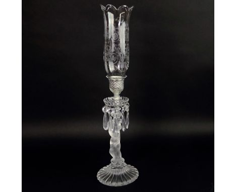 Baccarat Figural Candlestick With Prisms and Etched Hurricane Shade. Signed. Chips on prisms or in good condition. Measures 2